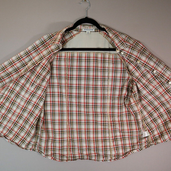 Pendleton Womens XL Button Down Long Sleeve Shirt Brown Red Plaid Vent Back - Picture 8 of 15